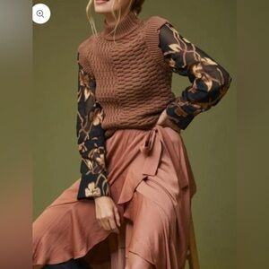 Anthro Women's Brown Sweater Vest with floral accent sleeves